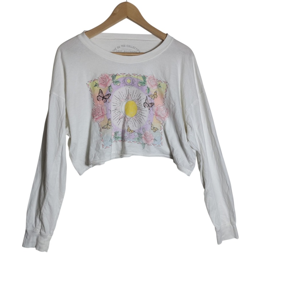 Aeropostale OG Tee Collection White Crop Sun Moon Butterfly Long Sleeve Shirt M